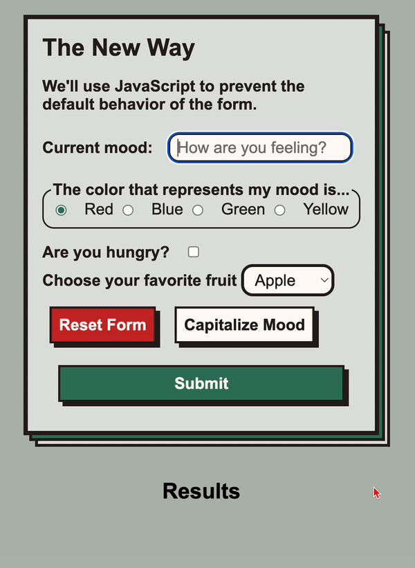 A user fills out the inputs and the values are combined to display a sentence